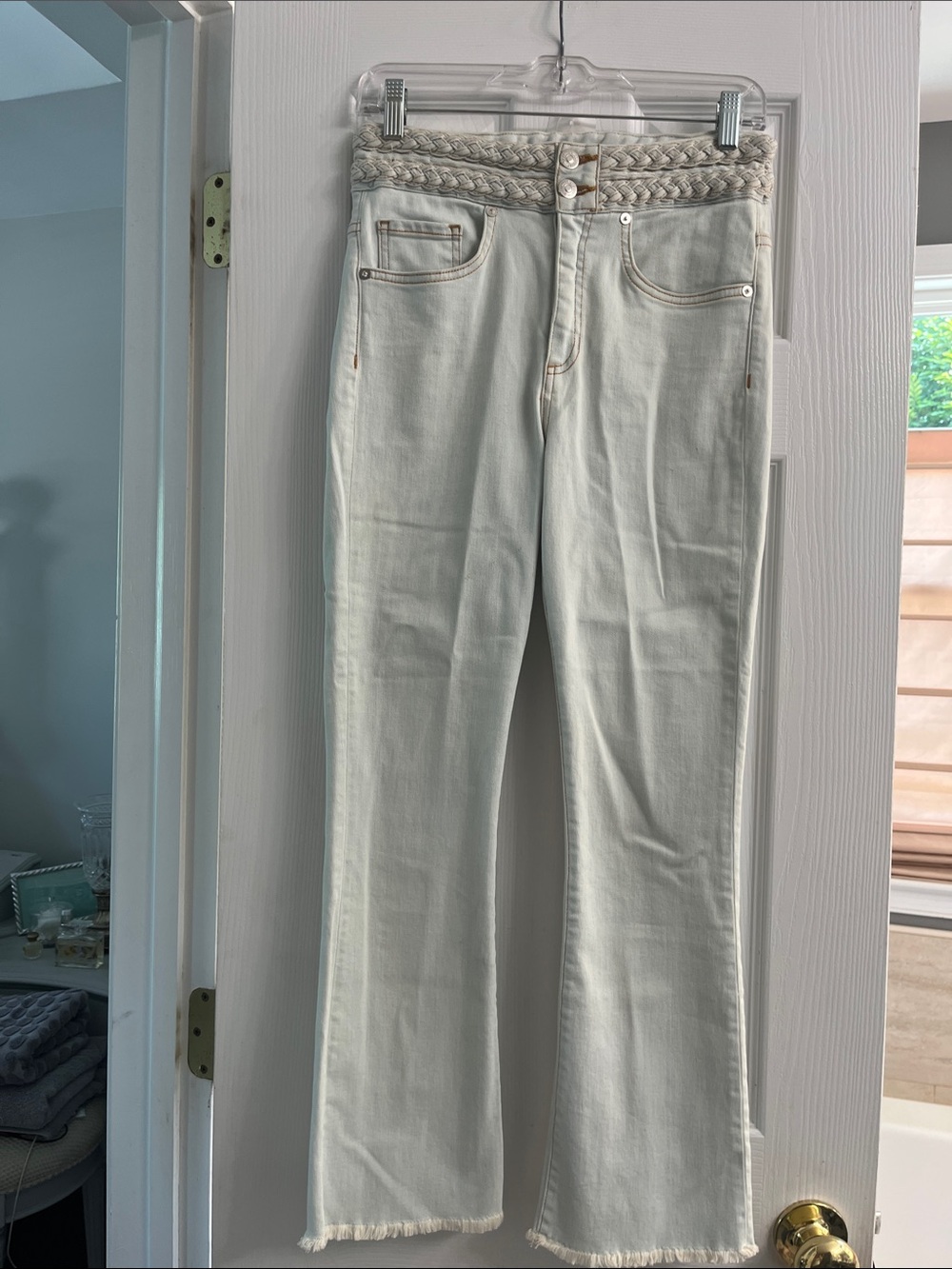 Veronica Beard Cream Braided-Waist Wide Leg Jeans